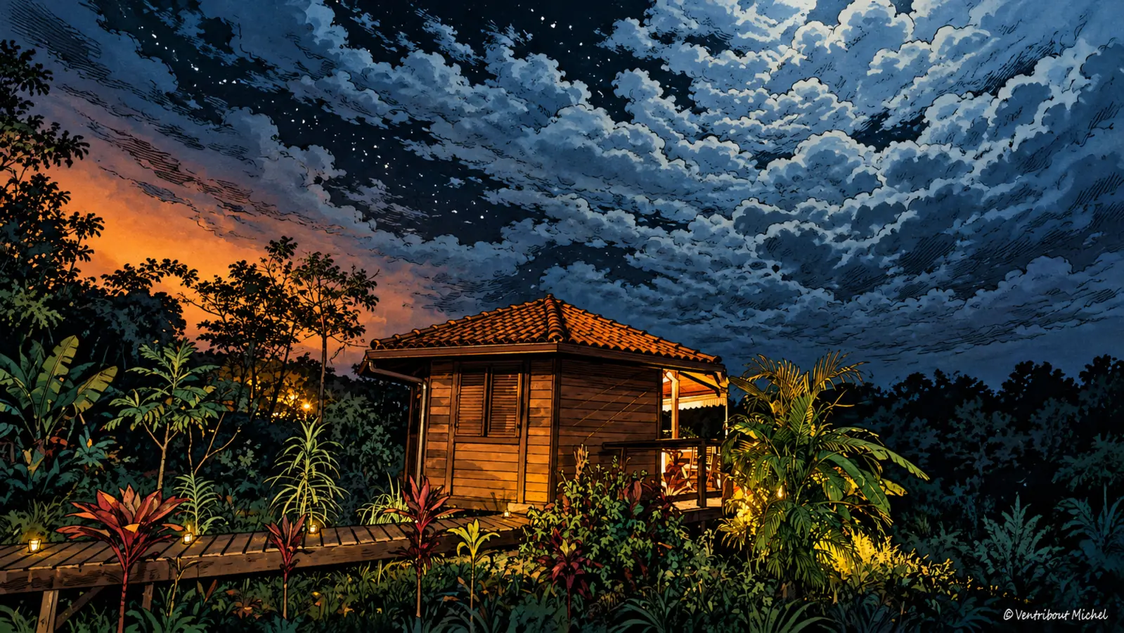 Habitation Rour’Attitude illuminée le soir pour un séjour festif de Noël ou du Jour de l’An en Guyane